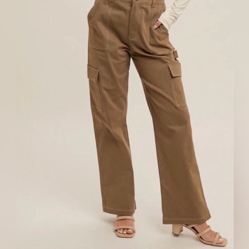 Hem & Thread Olive Green Cotton Spandex Straight Leg Cargo Pants Fall Vacation